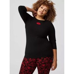 Torrid Ribbed Black 3/4 Sleeve Tunic Top Red Lips‎ Graphic Size 4